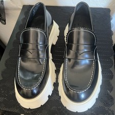 Alexander McQueen Women  s Black Leather Loafer Flats White Lug Sole EU 37.5