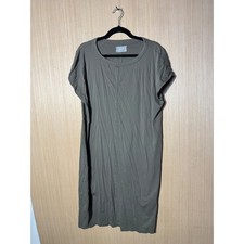 Everlane Womens XL Olive Green 100% Cotton Midi Crew Dress Short Sleeve Slit
