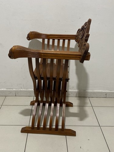 Sedia legno Savonarola pieghevole intagliata con leoni vintage - Picture 10 of 12