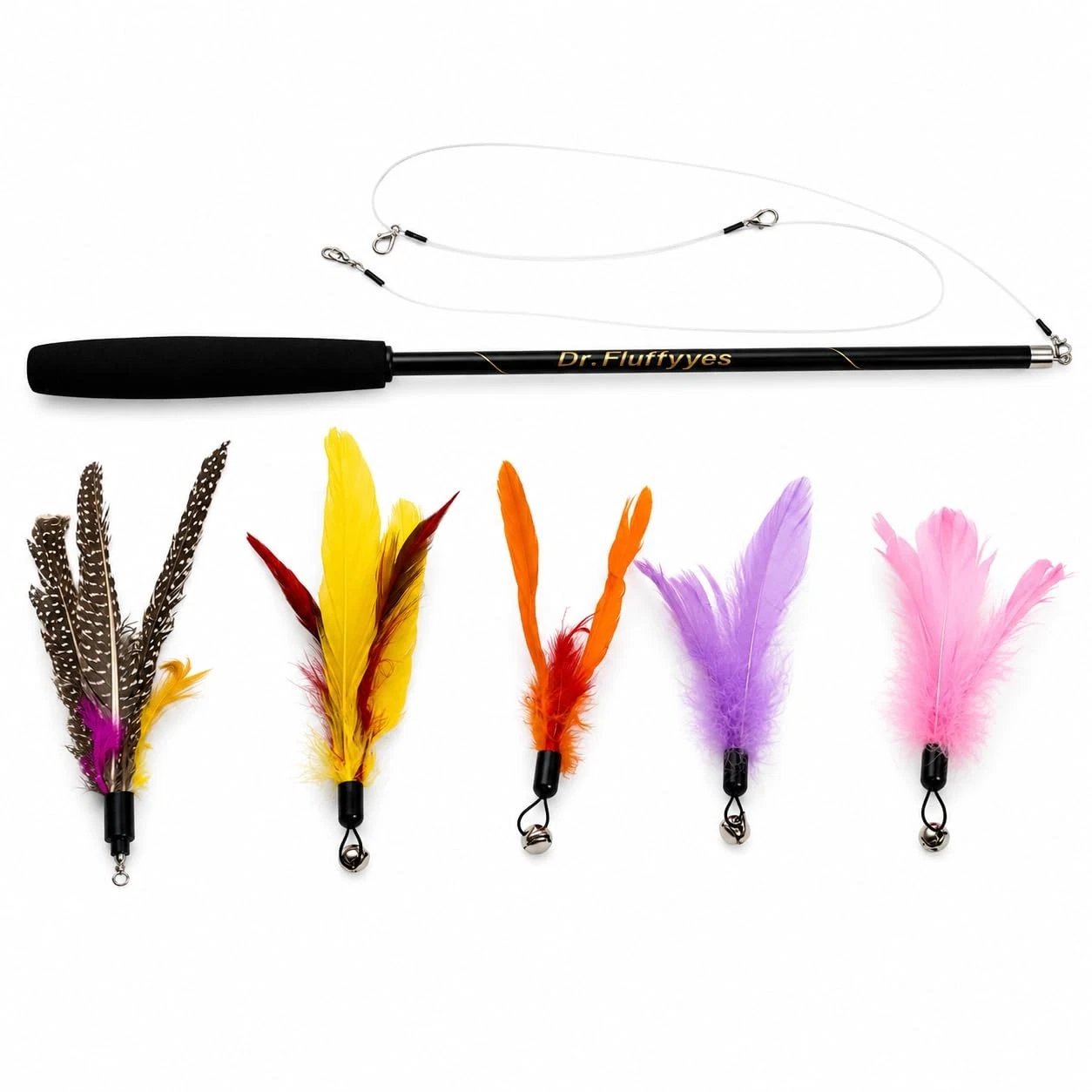 Cat Wand Toy with 5 Feather Attachments – Interactive Cat Teaser Wand & Cat F...