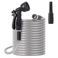 Metal Water Hose 100 ft - Stainless Steel Water Hose with 2 Nozzles, Lightwei...