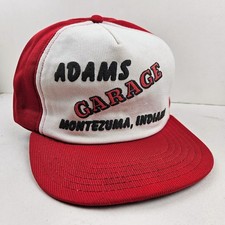 Vintage USA MADE Adam's Garage Montezuma IN Puffy Print Trucker Hat Snapback Cap