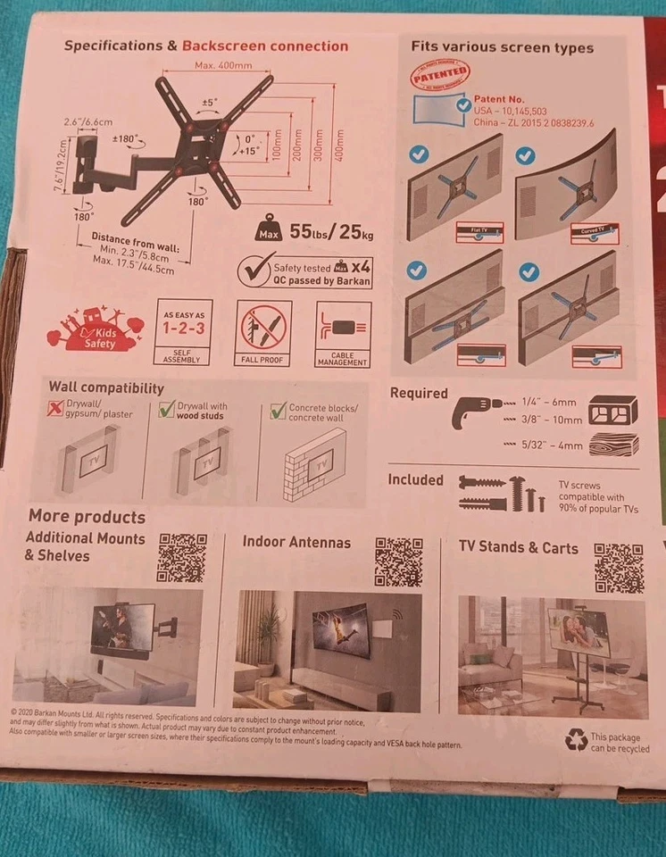 Suporte de parede para TV, 29"-58", Full Motion. Feito por Barkan. Carga máxima 55 lb - Imagem 3 de 4