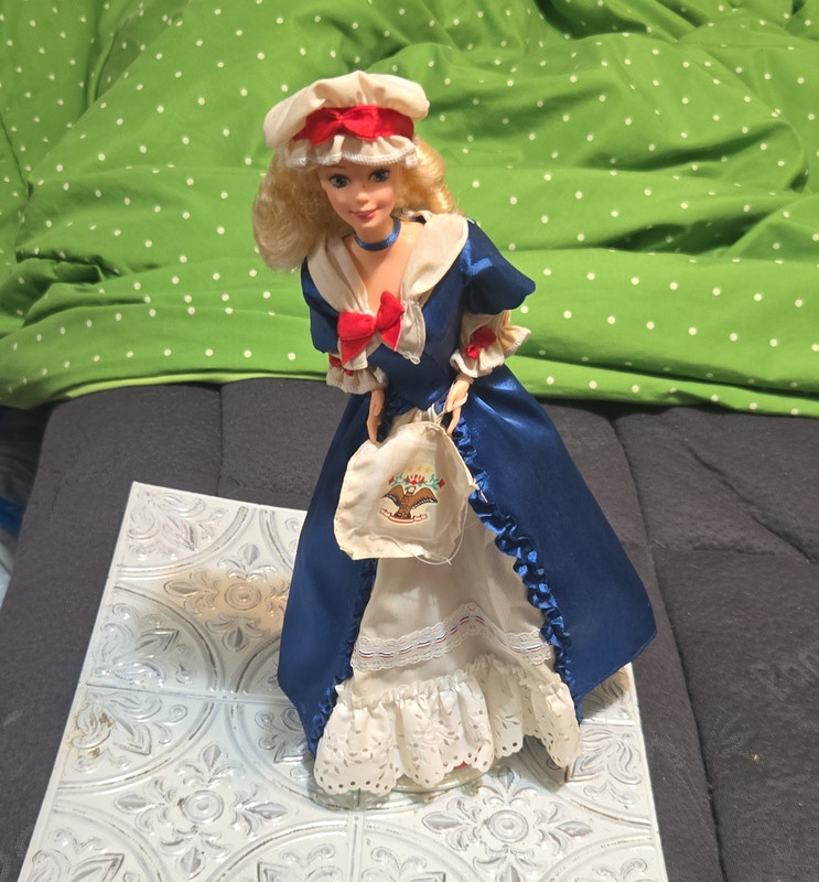 Blonde Curly Hair Girl Fashion Doll Blue & White Dress Bonnet, Barbie