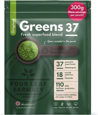 FOUR LEAF FARMACY Greens Powder - Made in UK with 37 superfoods - 300g High Dosage Servings -
