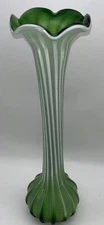 Art Glass Hand Blown Green & White Cane Striped Ruffled Bud Vase 15”h X 4.5”