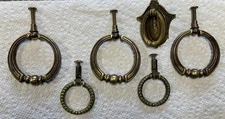 6 Antique Solid Brass Drawer Pulls - Drop Ring Pull Knobs - Victorian Colonial