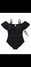 Women's One-Piece Swimsuit 2XL Regular Black Solid Off-Shoulder Ruffle