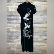 Vintage silk velvet M Cheongsam emerald sequin embroidered birds dress