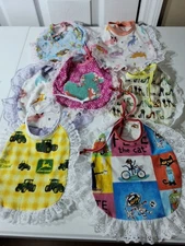 Handmade cute BABY BIBS retro Reversible W Lace 7 designs Cat In Hat John Deere 