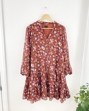 Ann Taylor M Burnt Orange Red Floral Long Sleeve Flounce Shift Dress Medium 