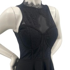 Womens Hi Neck Corset Bodice Halter Skater Fit Flare Lace Eye Lash Party Dress M
