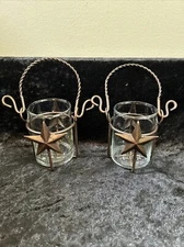 2 COLONIAL TIN WORKS Handled Metal & Glass Votive Candle Holders with Stars