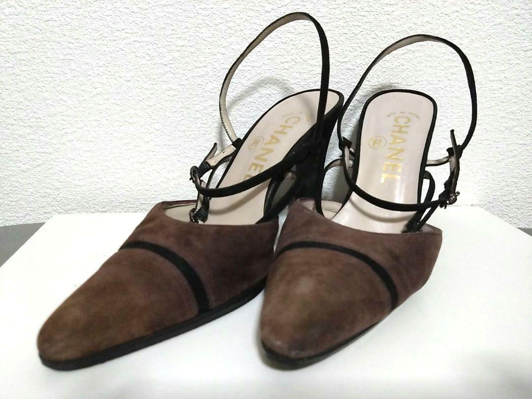 CHANELスウェードブラウンヒール CHANEL Mules Sandals Heel Suede Brown EU35/US5 slingback