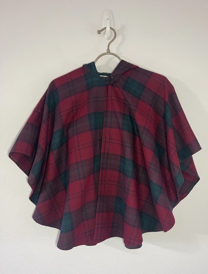Blarney Woollen Mills Ireland Red Green Plaid Print Hooded Cape Size Large - Image 2 of 4