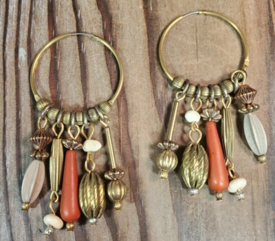 Beaded Hoop Earrings Gold Rust Cream 2.5'' Pierced 2.5'' 