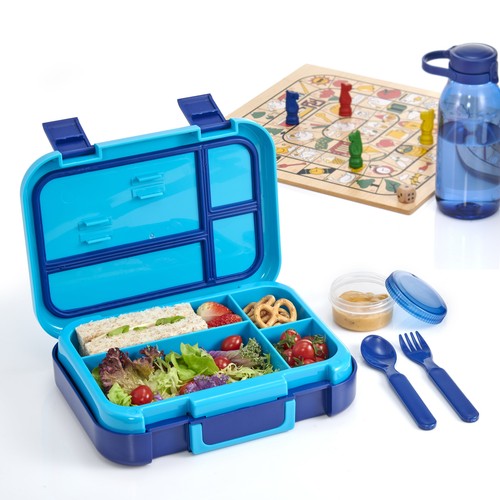Your Zone Plastic Bento Box with 4 Compartments, Fork, Spoon, 1 Container, Blue - Afbeelding 3 van 8
