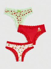 Women's Strawberry Shortcake Kawaii Cartoon Lace Cheeky Panties - Pack of 3