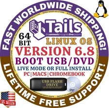 TAILS 6.8 LINUX OS Bootable USB Flash Drive, 64-Bit, Works on Mac & Windows PC