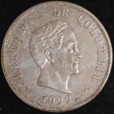 1922 Colombia 50 Centavos XF+