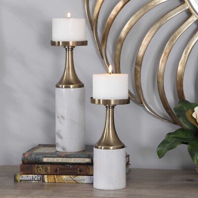 UTTERMOST 17546 CASTIEL SET OF 2 ELEGANT WHITE MARBLE CANDLEHOLDERS