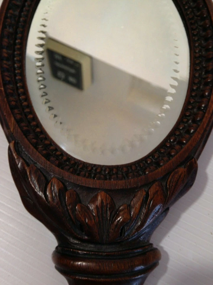 Ancien superbe miroir face à main bois sculpté verre biseauté art déco - Photo 3/4