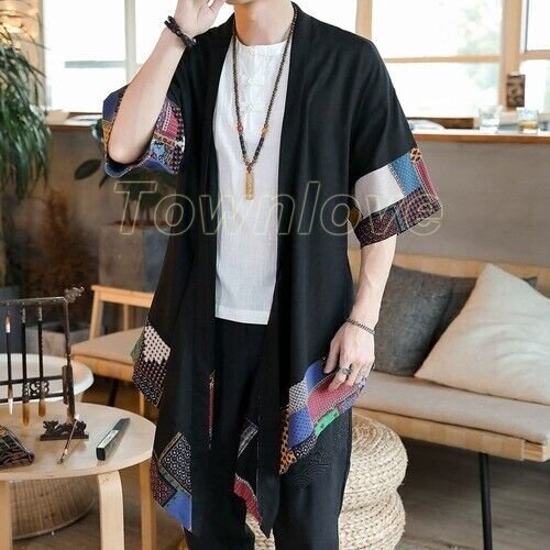Japanese Kimono Cardigan Men Male Samurai Costume Clothing Kimono Jacket Mens - Picture 2 of 12