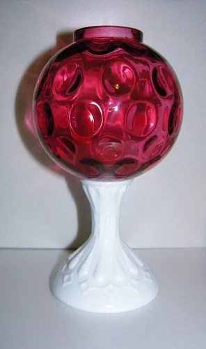 Fenton Ruby Overlay Ivy Ball Vase Cranberry Red Dot Optic Milk Glass Pedestal