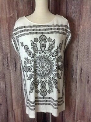 Promod Cold Shoulder Blouse Sz XL Black White Indian Sequin Top Boxy Shirt 