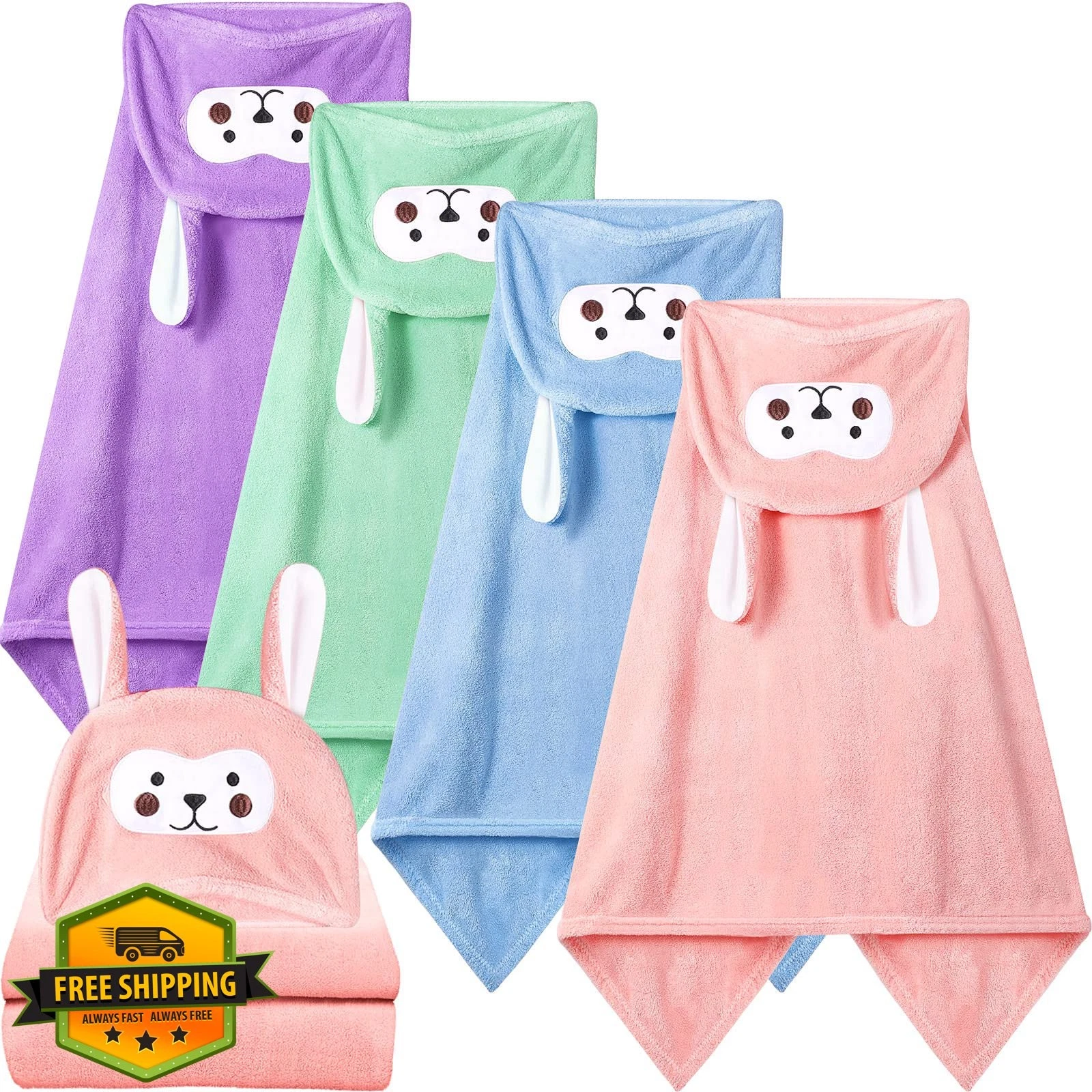 Kenning Hooded Baby Towels Toddler Bath 4 Pack 28x55 4 Colors 0-5yr