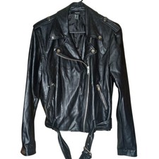 Forever 21 Faux Leather Motorcycle Jacket Womens Medium Black with Belt