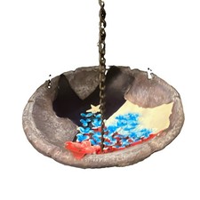 Taxes Hanging Metal Bird Bath Bowl w/ Chains Gray Red White Blue Bird Design