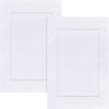 White Cotton Bath Mats Set of 2 Towel Mats for Bathroom Floor Banded Rugs Sof...