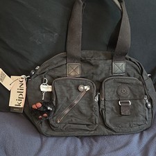 Kipling Black Tonal Satchel Top Handle Zip Lined Pockets Monkey Keychain