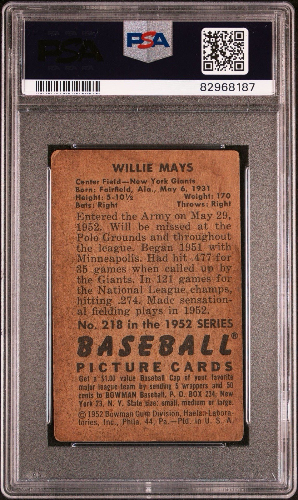 1952 Bowman Willie Mays #218 PSA AUTHENTIC view 2