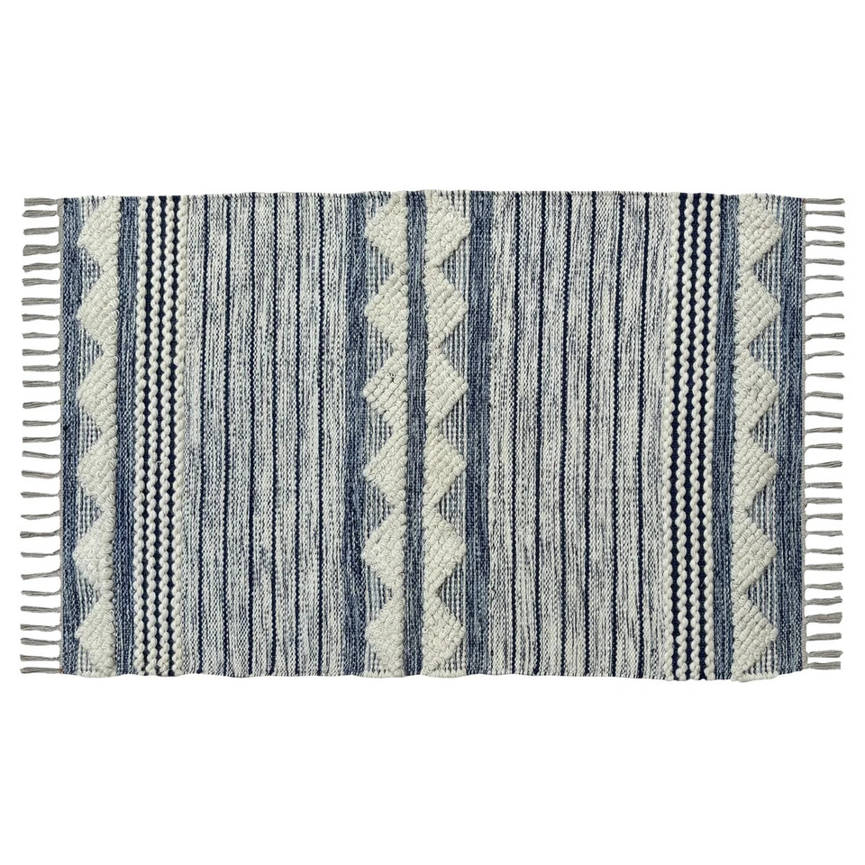 Blue 2.5x4 ft Wool Cotton Rug Carpet, Handmade Flatweave Handwoven Floor Mat - Image 2 of 4