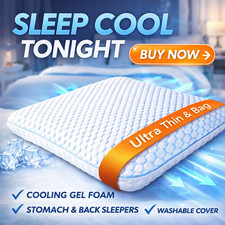 Cooling Gel Memory Foam Thin Pillow Slim Back Stomach Sleepers Washable Cover