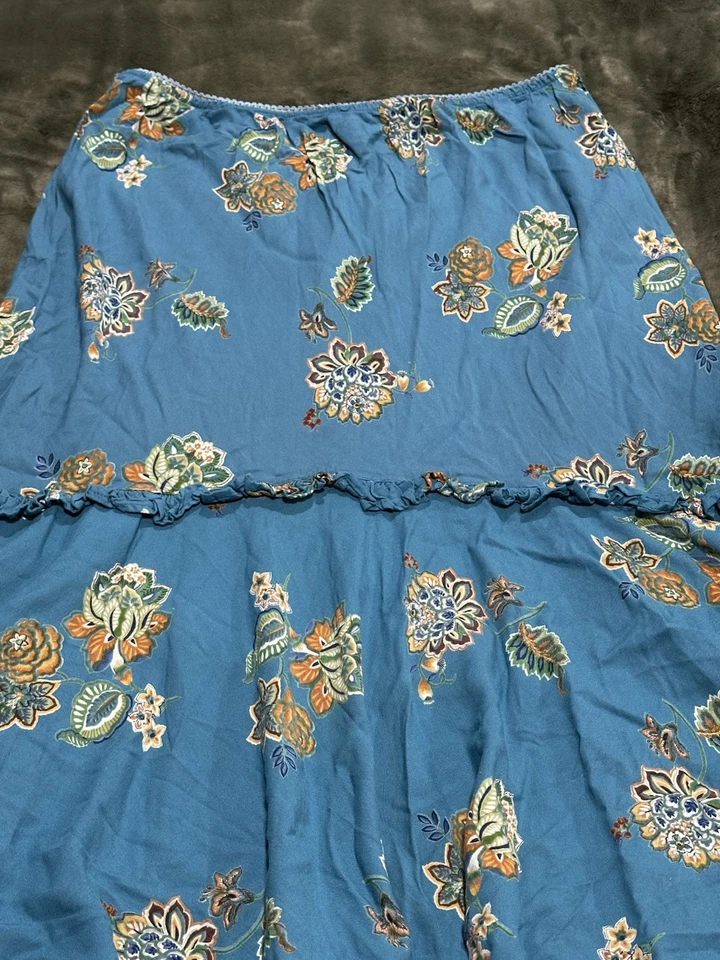 Saia de fada cigana vintage Lola P caprichosa tamanho M franja boho verde-azulado fluido - Imagem 2 de 4