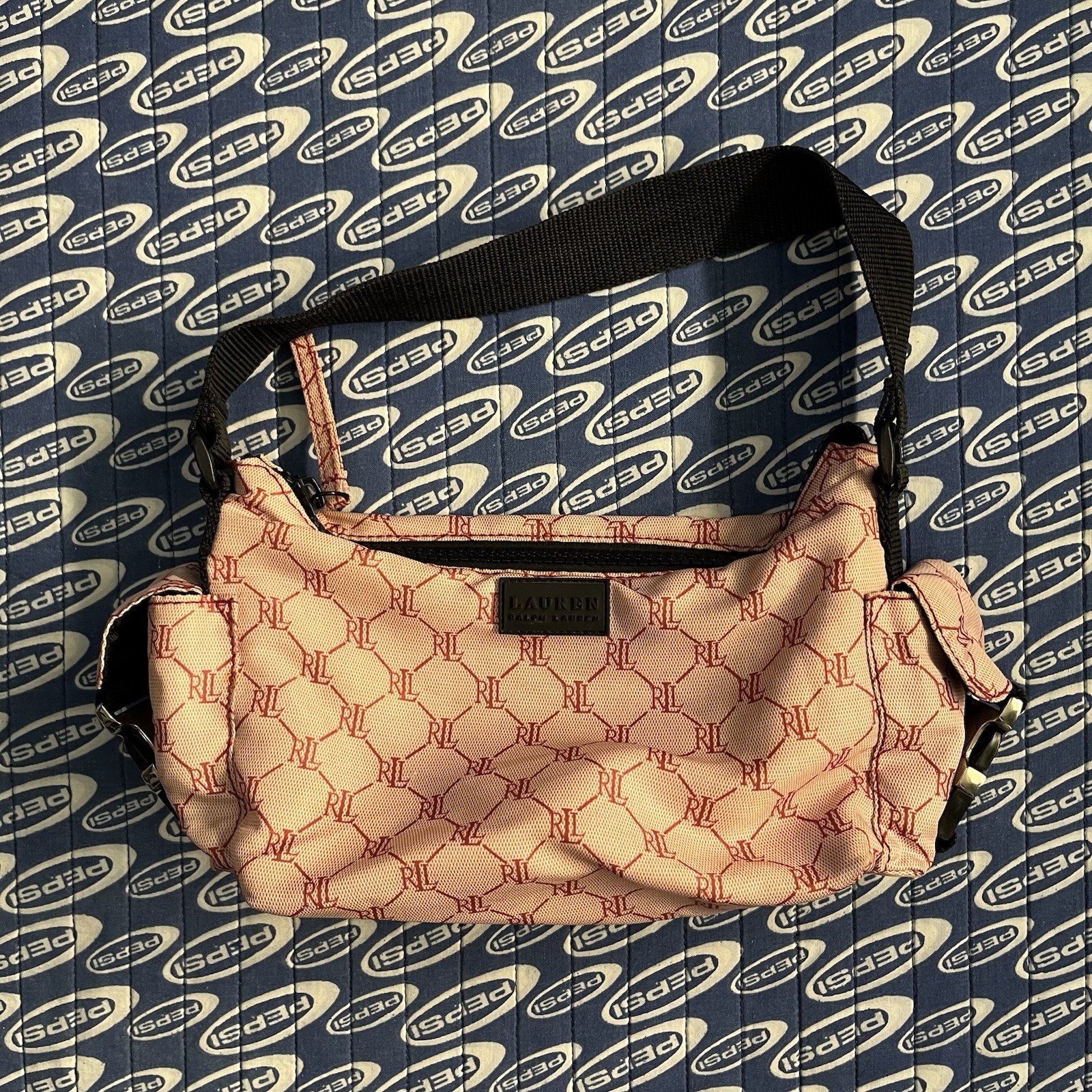 Lauren Ralph Lauren Shoulder Bag Womens Medium Pink Monogram Canvas Zip Buckle