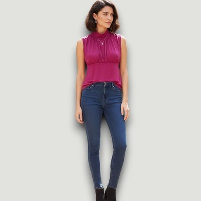 George Blouse Womens XL Magenta Mock Neck Empire Waist Chic Minimalist Office