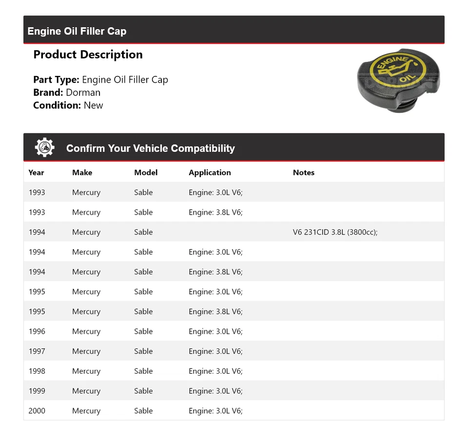 Tampa de enchimento de óleo do motor Mercury Sable Dorman 1993-2000 1994 1995 1996 1997 - Imagem 2 de 4