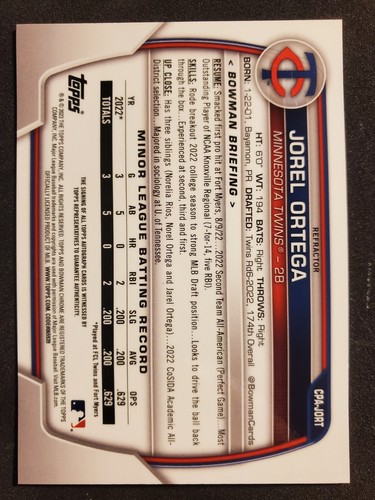 2023 Bowman Chrome 1st Jorel Ortega Refractor Auto CPA-JORT Twins # /499 - Picture 2 of 4