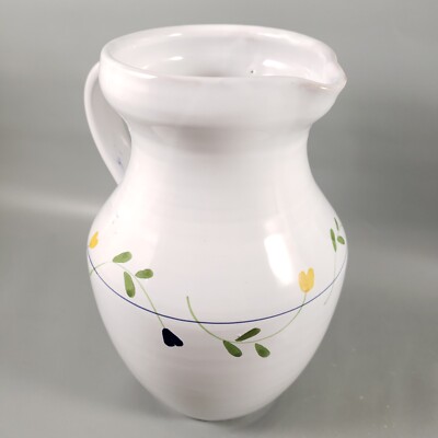 Vintage ITALY Floral Folk Art White Rustic Hand Painted TERRACOTTA PITCHER
