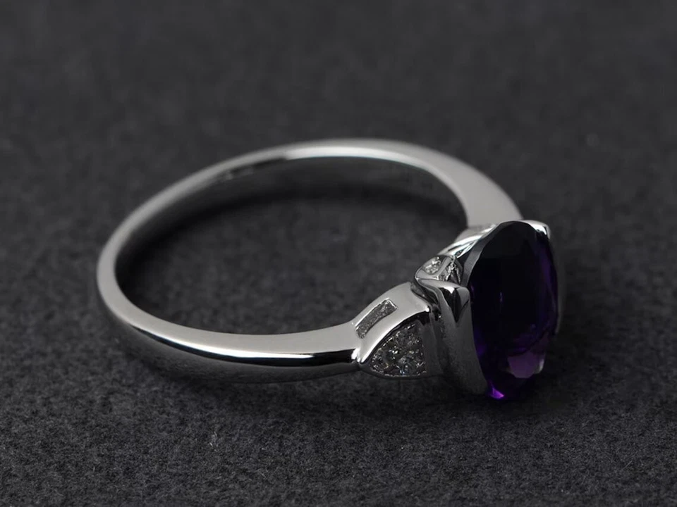 Purple Amethyst Women Ring Oval Natural Gemstone Sterling Silver Trendy Ring - Image 2 of 4