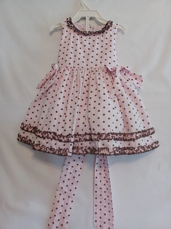 Vestido POLLY & FRIENDS 12M Bebé Niñas Rosa Lunares con Cintas, Faja/Volantes Usado en Excelente Condición Foto 2 de 4