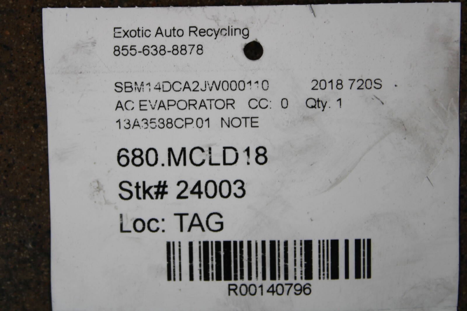 Mclaren 720s, A/C Evaporator, Rear Section, Dmg, Used, P/N 13A3588CP