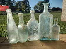 Lot Of 5 Late 1800s Sick Glass Aqua Bottles