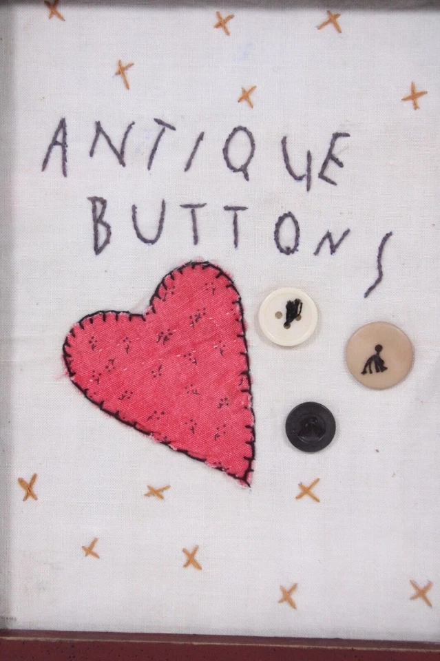 Primitive Folk Art Style Stitched Antique Buttons Framed Heart 10x8 Embroidery - Image 2 of 4