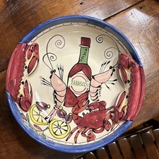Tabasco TIKA Pottery 12.5” Round Serving Bowl With 3-Dimensional Crab Artwork