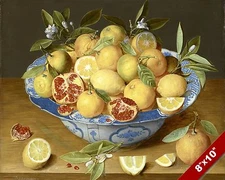 BLUE WHITE BOWL WITH LEMONS & POMEGRANATES FRUIT PAINTING ART REAL CANVAS PRINT